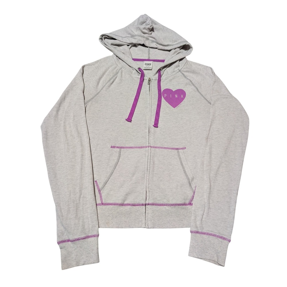 Pink Victoria's Secret Hoodie Women Medium Gray Purple Heart Zip Up Y2K Casual